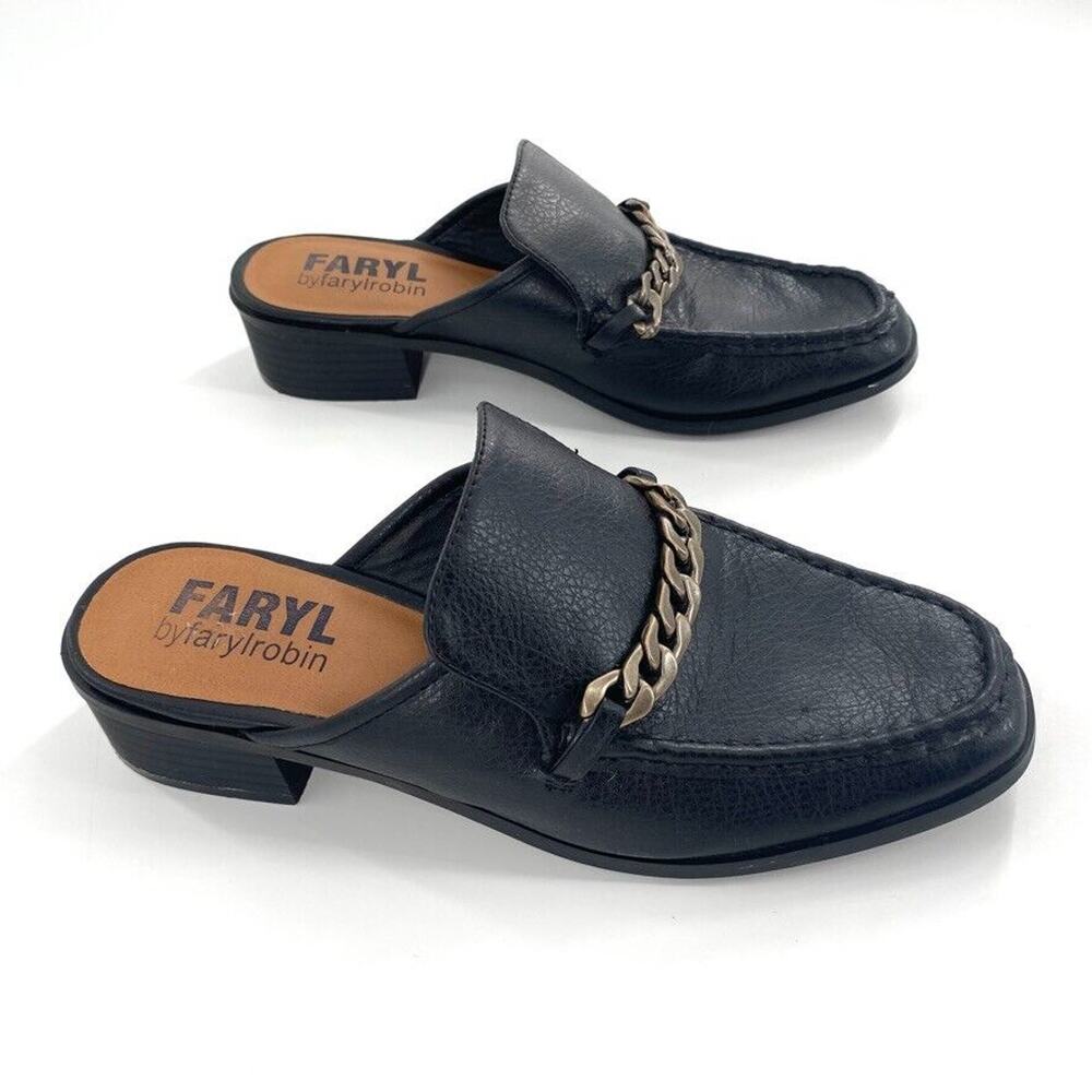 Faryl by Farylrobin Womens Slip‎ On Loafers Mules Black Faux Leather Chain Sz 9